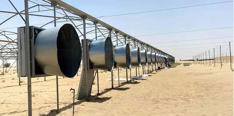 Rij grote industriële ventilatoren geïnstalleerd in een buitenterrein in de woestijn