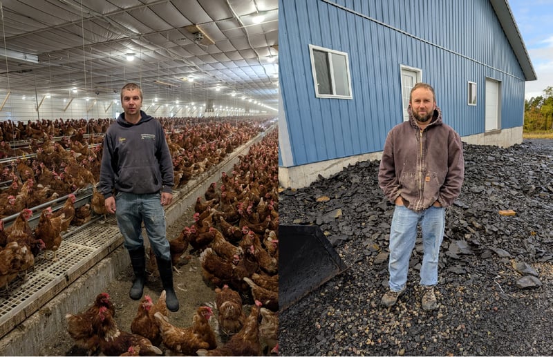 A photo showing one person in a chicken farm and another in front of a blue building