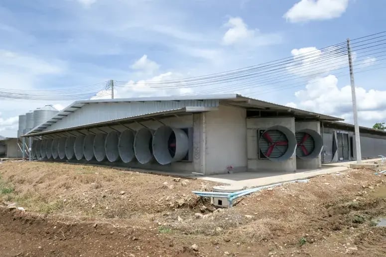 Boerderijgebouw exterieur met grote ventilatoren en leidingen