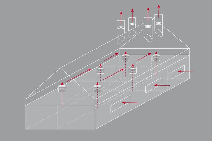 Diagramm eines Lüftungssystems mit Abluftventilatoren und Luftstromrichtungen in einem Geflügelhaus