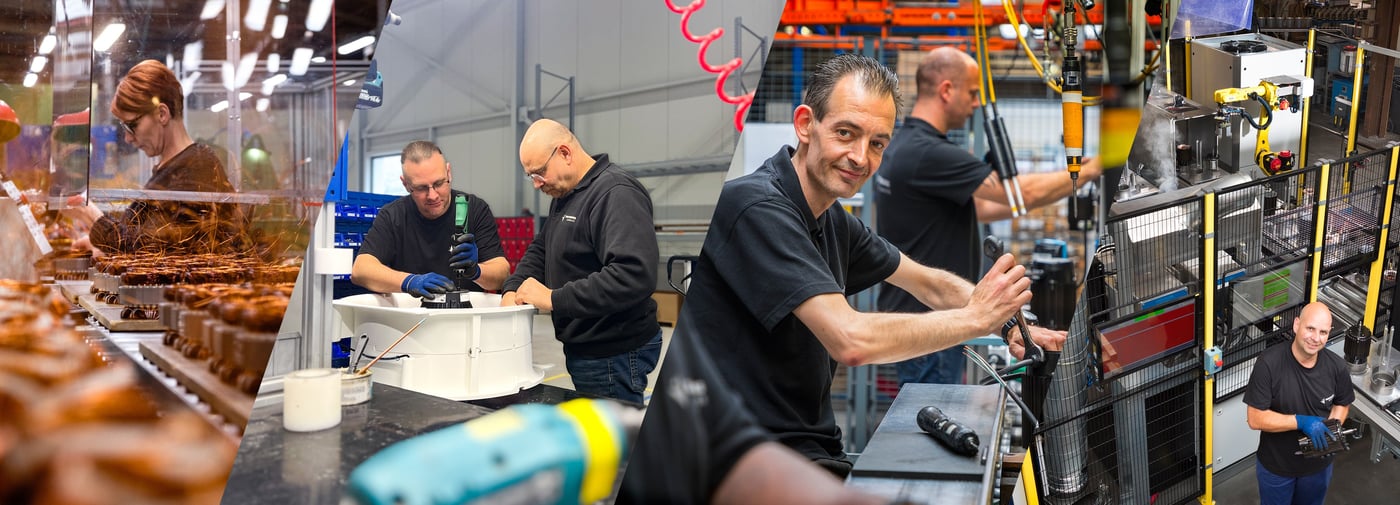 Werknemers in een productieomgeving bezig met verschillende taken, zoals werken aan een lopende band, technische montage, en machinebediening