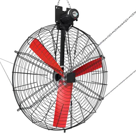 Industrial fan with red blades and chain attachment