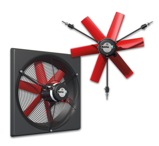 Roter Mehrblattventilator und quadratischer Paneellüfter